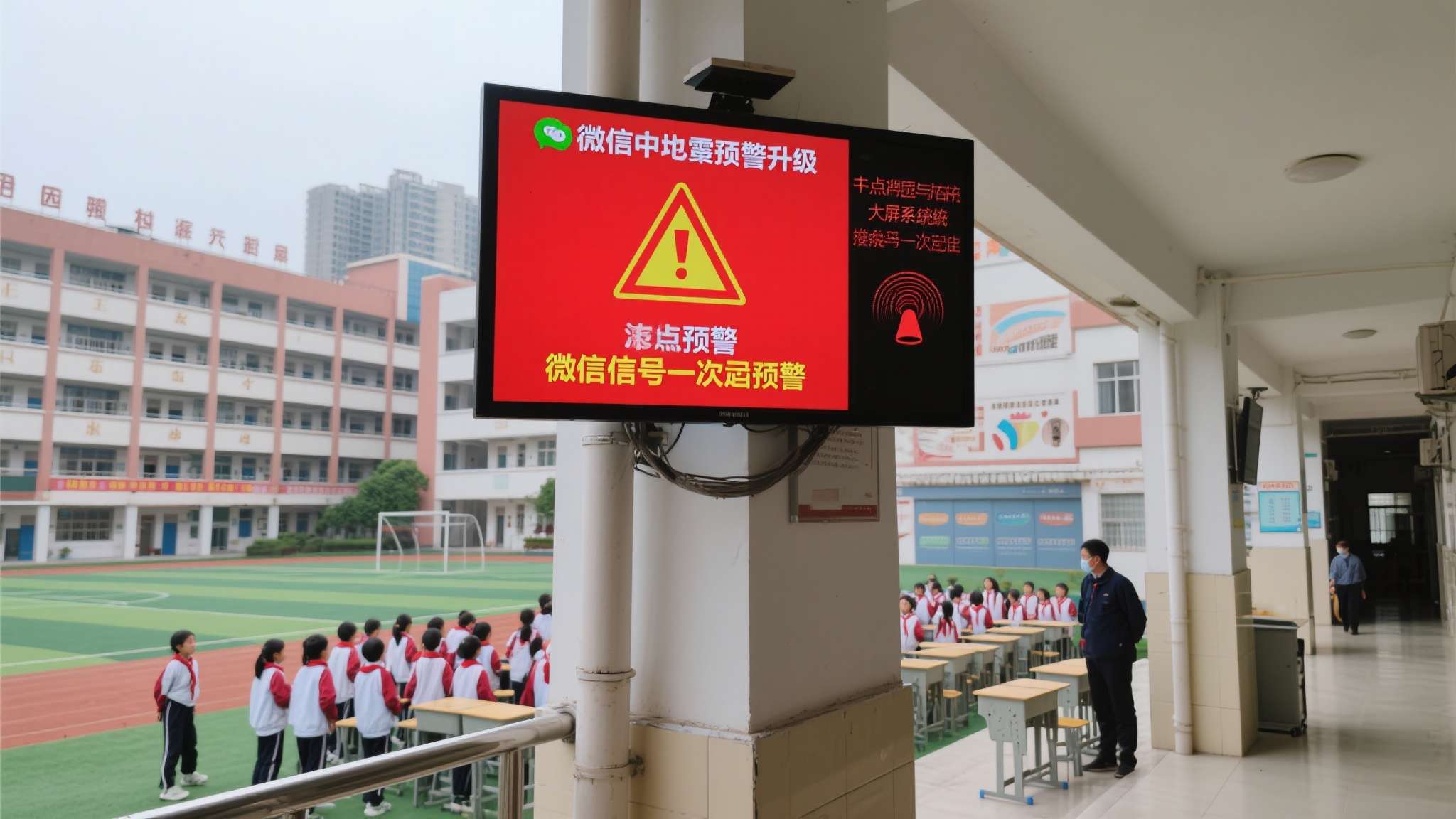 此次微信地震预警升级的重要亮点，正是实现了与校园公共大屏的系统对接。当地震预警触